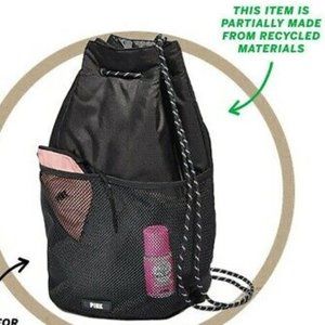 VICTORIA'S SECRET PINK Black Drawstring Backpack VS School Bag Recycled Material